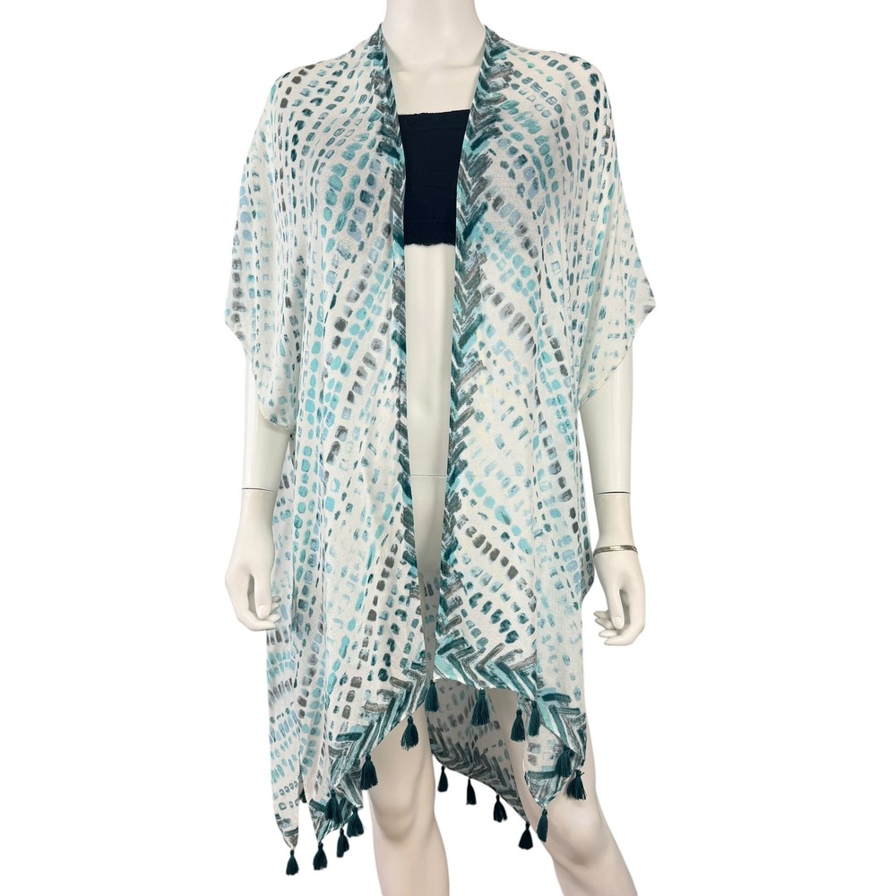 Modena Womens Kimono Wrap Blue Green Abstract Dot Tassel Trim Cover Up One Size